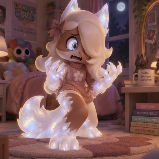 Ginger from dandy’s world in her room turning into a opalite werewolf 