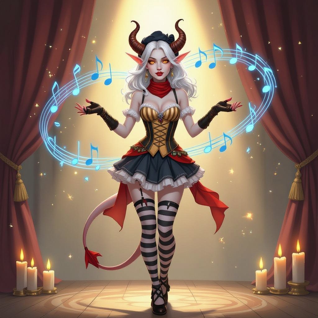 A semi-realistic fantasy portrait of Evangeline Ivey, the Fierna Tiefling Bard of the College of Glamour, captured mid-performance on her candlelit stage.  She stands full-body beneath soft golden light, ivory curtains draped behind her, and glowing blue musical notes spiraling through the air as if alive with her magic. Her porcelain-pale skin (#F3EDEB) gleams in the warm light, contrasting against her long silver-white hair (#D6D6DA) cascading around her shoulders. Her amber-gold eyes (#C88C21) are wide with theatrical expression, her mouth open in mid-song or gasp. Dark brown ridged horns (#4A3A2C) curve elegantly from her brow, and her pale devil’s tail curls behind her, tipped red-and-black like an exclamation mark of performance.  Outfit — “Infernal Mime” Parody Costume: • Black-and-deep-red striped bodice with suspenders and gold buckles • Short flared skirt trimmed with faint gold edge • Matching striped thigh-high stockings and long fingerless gloves • Red silk neck scarf tied neatly at her throat • Black heeled shoes and beret with her horns peeking through  Scene & Lighting: Warm candlelight and soft shadows create a theatrical glow across the stage floor and her form. The air is alive with faint magical motes shaped like music notes, curling around her in shimmering blue light.  Mood & Expression: Expressive, whimsical, and dramatic — a parody of classic mimes infused with bardic flair. Evangeline’s pose is mid-gesture, both hands raised as if she’s frozen between song and spell, her eyes alight with mischievous emotion and glamourous command.