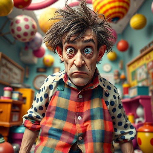 Create a funny looking paranoid man in the world, with a not so stylish outfit head to toe