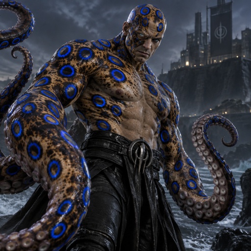 His name is blue ring, a blue ring octopus, half human. His skin is the same as a blue ring octopus, muscular super villain. 