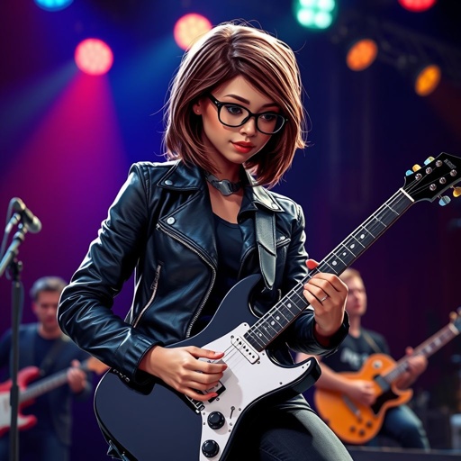 A teenage African American woman with glasses shoulder length brown hair with highlights in a side part style wearing black leather jacket with blue accents black jeans a dark blue shirt on a stage playing a Flying V electric guitar with a band