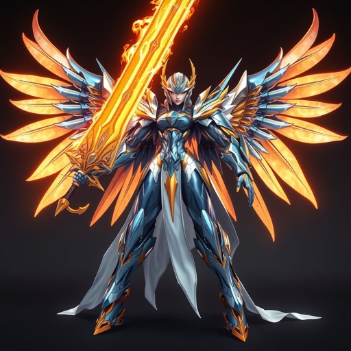 A female blue white and gold mech with a giant flaming sword and metal wings