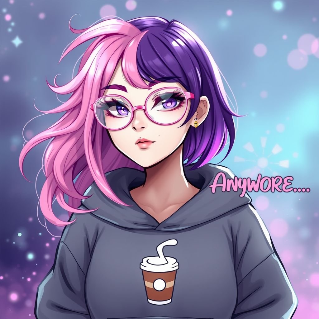 Draw me a profile picture  Username: PinkOrchidsGaming  I have Half Pink (Right) Half Purple (Left) Hair, A nose piercing on my left side and i wear glasses that are see through pink   My Signatures:  A gray Hoodie that says “Coffee” but the ‘O’ is a coffee cup    My catch phrase is “AnyWHORE..”  My favorite color is pink   and i want the background to resemble an Angel Dust vibe (Character from hazbin hotel)