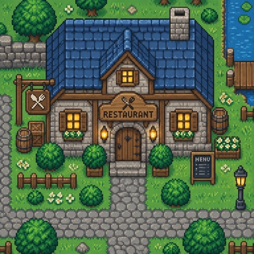 Small Restaurant for a modern fantasy game, exterior, top down style