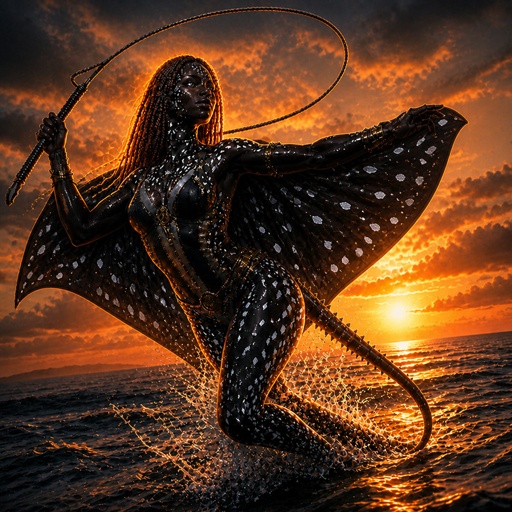 a woman with a bow and arrow standing on a body of water
