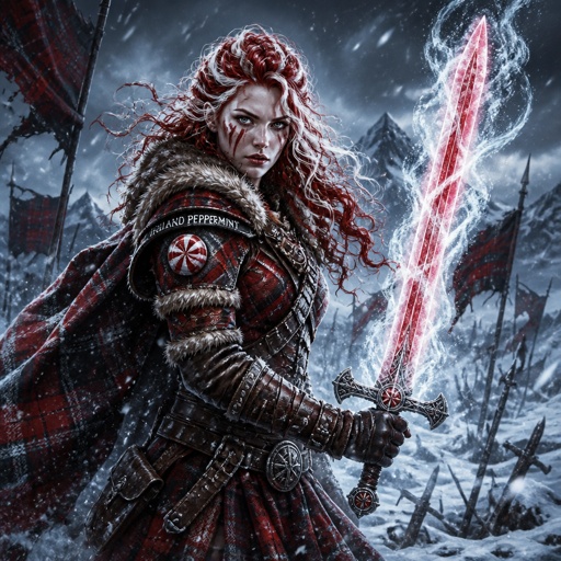 Scottish warrior Highland Peppermint in a battle field in a snow storm