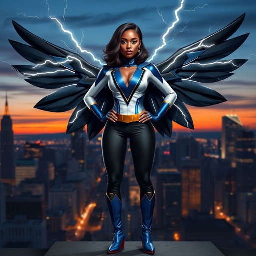 African American female superhero with shoulder length hair in a side part style and wings made of white lightning wearing a slightly homemade  white blue and black suit with black pants with a stylized V as her chest emblem wearing blue flat boots made of gold standing in Philadelphia at dusk