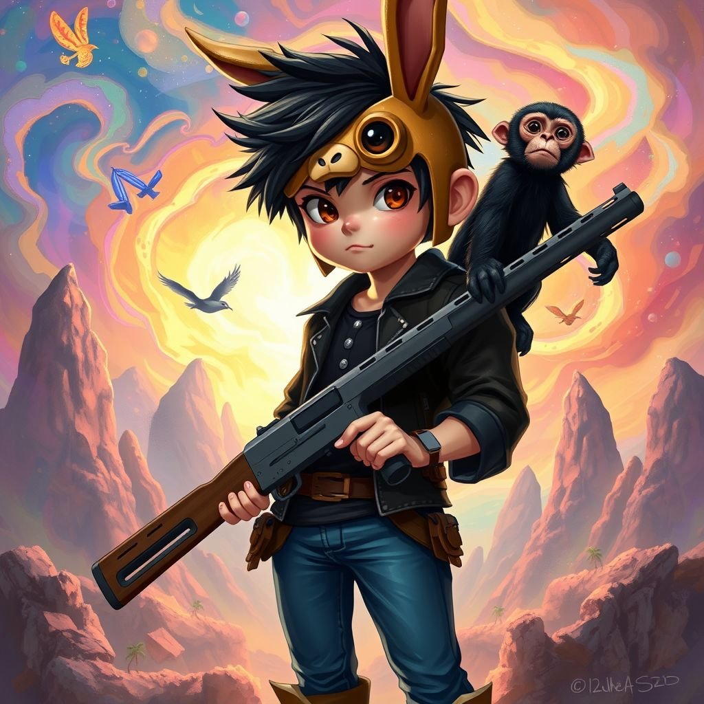 a young white boy 5,6 with black shirt with boots and skinny blue jeans with black hair and dark brown eyes and he wears a tan bunny helmet mask with camera in the bunny eye of the mask and he has a pet black monkey on his shoulder along with him holding a shotgun and his white t shirt along with a black biker biker top jacket