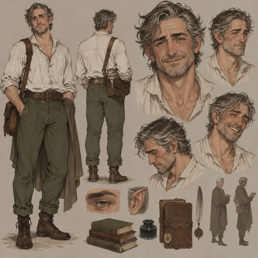 a drawing of a man standing next to a bunch of books