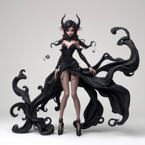 Create character hero Veyra of Shadows – A lithe, mysterious black woman draped in layered black silks that move like smoke around her. With jet-black hair. Show her whole body head to toe including her shoes.