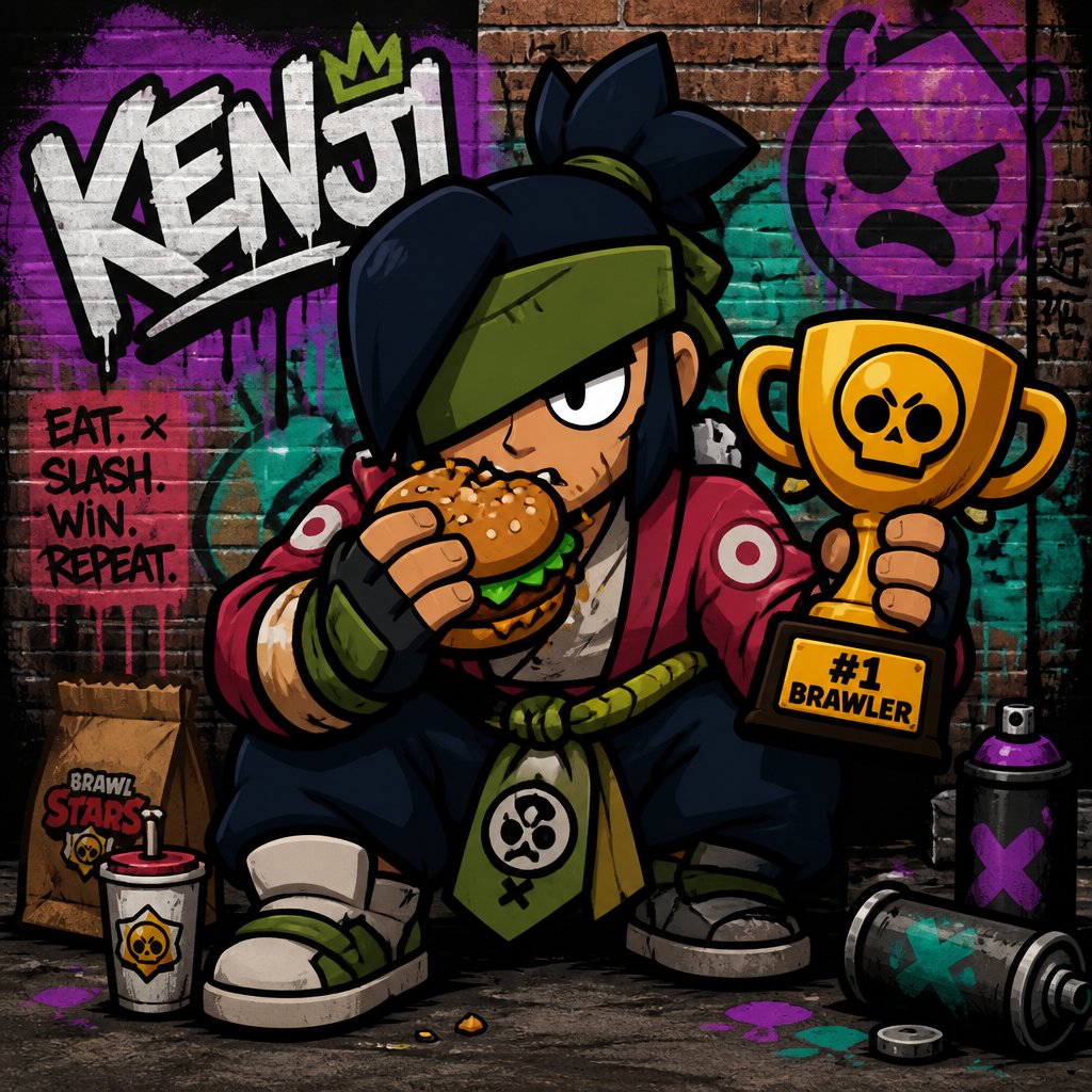kenji from brawl stars eating a burger while staring angrily holding a trophy