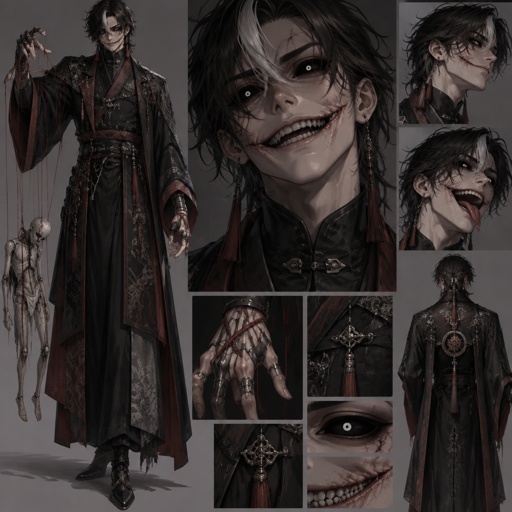 Male villain with puppeteer powers, medium length black hair, white streak in hair, cool villain clothes, completely black eyes with white pupils, scars, insane, unusually long mouth, Asian
