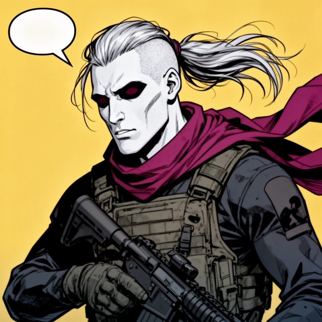 A pale lengthy guy, with long hair in a pony tail and the sides shaved. He has dark black eyes with maroon colored iris. He wears stealthy military gear and a long dark pink scarf