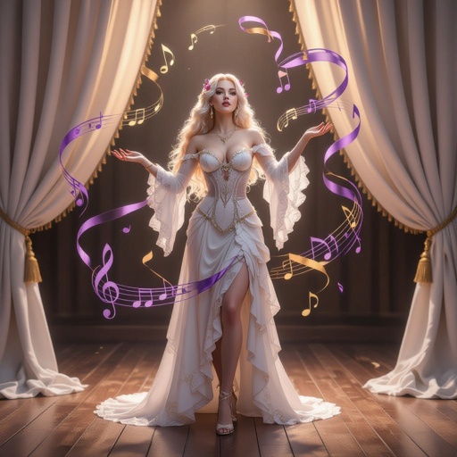 🎨 Render Prompt — Evangeline Ivey, “The Lady of Layers” (Parody of Lingerie)  A semi-realistic fantasy stage portrait of Evangeline Ivey, Fierna Tiefling Bard of the College of Glamour, performing her satire “The Lady of Layers.”  The scene takes place on an ornate candle-lit stage with ivory curtains and wooden floorboards glimmering under soft gold light.  The air carries drifting ribbons of violet and gold magic, shaped like musical notes that coil around her as she performs.  Appearance Porcelain-pale skin (#F3EDEB), long silver-white hair (#D6D6DA) cascading in styled curls, amber-gold eyes (#C88C21) alive with humor.  Symmetrical dark brown ridged horns (#4A3A2C) sweep gracefully back from her brow.  Her tail matches her skin tone, tipped red-and-black, poised behind her like part of the choreography.  Outfit – “The Lady of Layers” (Mock-Lingerie Parody) A parody of opulent lingerie turned into theatrical armor of excess. •  Base: cream silk corset with exaggerated boning and embroidered seams labelled with golden script such as “EXHIBIT A” and “DISPLAY MODEL.” •  Overlays: unnecessary straps, garters, and ribbons looping decoratively across her limbs; some end mid-air, attached to nothing. •  Each motion sets off tiny golden bells or charms sewn into the lace, turning sensual movement into comic percussion. •  Fabrics alternate between cream (#E9DFC7), deep red velvet (#AA1E1E), and gold thread (#C9A33A), echoing her harlequin palette. •  Matching high heels glint with gem inlays; every detail feels deliberate and over-designed.  Pose & Expression Full-body to the shins, 2:3 aspect.  Evangeline stands mid-bow, one hand on her hip, the other sweeping outward in grand presentation.  Her expression carries an amused smirk, eyes bright with mock pride—aware of the ridiculous excess yet utterly commanding it.  Lighting & Tone Warm candlelight key, soft rim outlining her silhouette.  The stage glows like polished honey; violet and gold reflections ripple across her corset and hair.  The atmosphere is decadent, clever, and ironic—glamour turned back on itself.  Mood A master performer exposing the mechanics of allure: confident, self-aware, and radiant in the comedy of beauty.