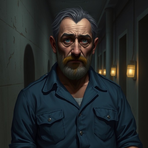 Create this background hall inside was dim, paint peeling in sheets. A metal door led to the cell block.  Six cells, all empty. A cracked toilet in each. Rusty bunks, stale air, dust everywhere. No character just background 