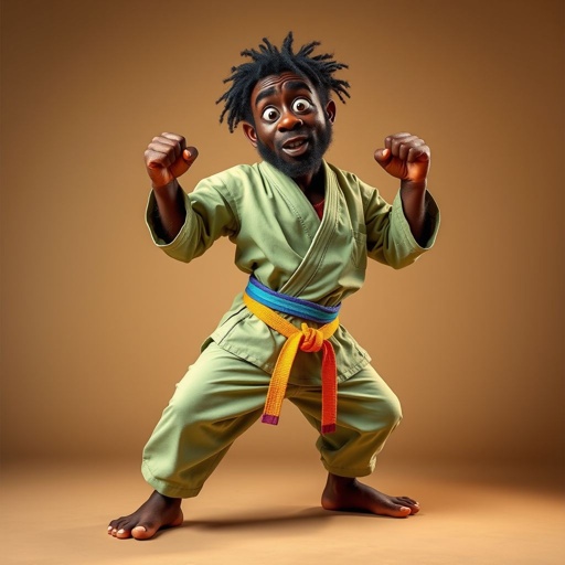 Create a character who looks like a funny African karate guy who doesn’t have a clue what he is doing. Make him have weird toes