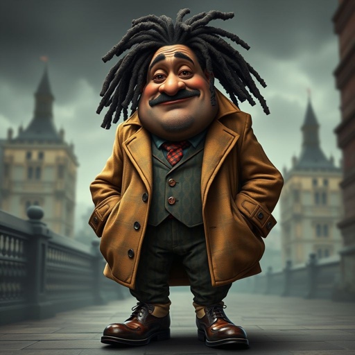 Create a funny fat character similar to Sherlock Holmes, but make him of black decent and with dread locks. Show his whole outfit including his shoes.