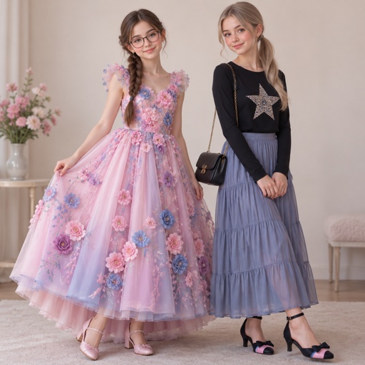 Pink Pale Rose Purple Blue Flowers Princess Dress Female Tween Girl Glasses Makeup Shoes Heel Size Small Brown Braid Hair Style Star Shirt Long Skirt Teen Girl Pink Black Blue Shoes Heel Beige Light Ash Blonde Lower Ponytail Style 