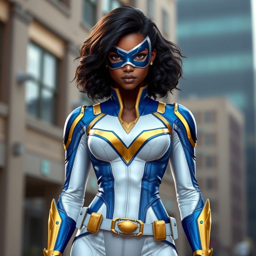 A teenage African American female with shoulder length curly hair  in a side part style superhero  wearing a  DOMINO MASK and a professionally made slightly armored white and blue suit with blue pants gold accents and a stylized V as her chest emblem a utility belt and gold boots