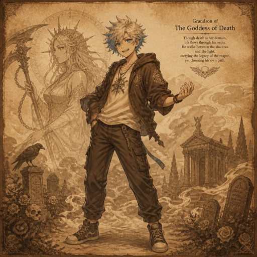 Anime male grandsons of the goddess of death,very excited boy with blonde hair and died blue tips hair styled with being up to neck length and one side having hair clips and his top hair is more bushed nice up his other side of hair being loosed with no hair clips and blue eyes casual clothes has the power of death and always looks at the good things in life When a friend or family member gets really extremely harm to possibly no return his dark side will come out his skin become gray his hair becomes full blue his tips a more dark blue his eyes become a bright shining yellow no pupils his sclera becomes black his powers become extremely strong very dangerous to be near him when he unleashes his full powers he will also have black swirls around him when this happens full picture 