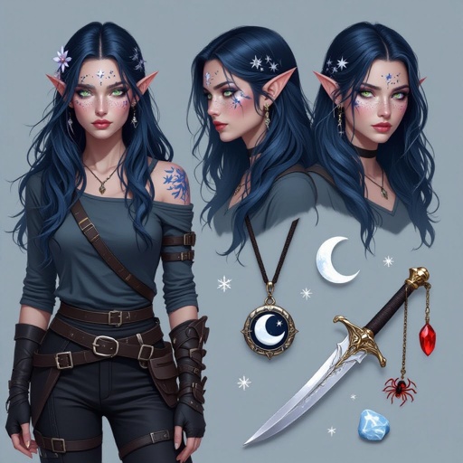 She is an elf. She has waist length hair. Her hair is a dark blue ombre to black. She has star freckles across her face and she has a scar going through her right eyebrow closet to her nose. She has a crescent moon birthmark behind her left ear close to the ear lobe. Her eyes are grey.she is 4’8. She has on a long sleeve top. The sleeves flow down to and cuff at her wrist. She has on a weapon strap around her upper body. She has black pants going into black boots. She has a knife strap on her right leg and she has a sword strap around her waist. She has a small snake around her arm and shoulder. She has a black hair stick with small cherry blossoms, snowflakes and a small silver sword dangling from the hair sitck. She has a solver locket with a small moon and a scallop shell on the front and on the back it has the initials E.N. in neat cursive. In her right hand she is holding a dagger. The hilt of the dagger has small moon phases on it with a red gem. In her left hand she is holding a small stone charm with a red spider lily carved into it
