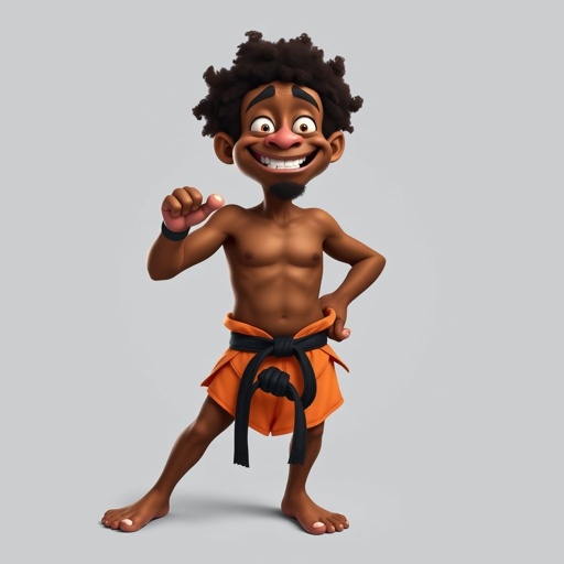 Create a character who looks like a funny African karate guy who doesn’t have a clue what he is doing. Make him have weird toes, only speedos on and a black karate belt.