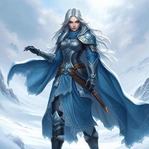 Create a battle woman hero called Alvara the Frostheart. Show full body head to toe including shoes 