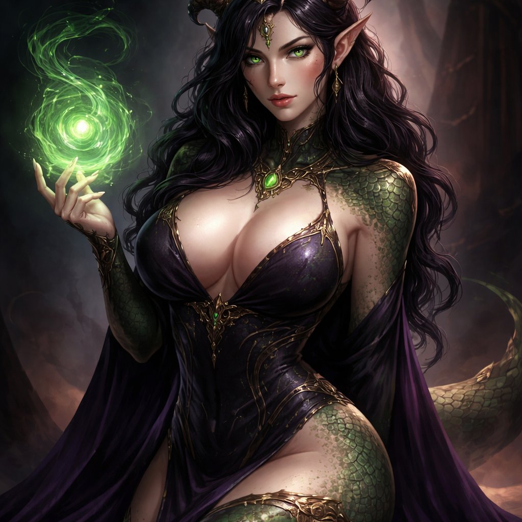 a deceptive sorcerer dragonborn lady with e cups