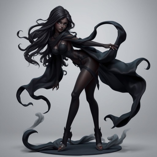 Create character hero Veyra of Shadows – A lithe, mysterious black woman draped in layered black silks that move like smoke around her. With jet-black hair. Show her whole body head to toe including her shoes.