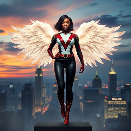 African American female superhero with shoulder length hair in a side part style and wings made of white fire  wearing a slightly homemade  white red and black suit with black pants with a stylized V as her chest emblem wearing red flat boots made of gold standing in Philadelphia at dusk
