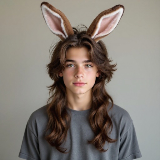 Teenage boy with hare ears with brown hair