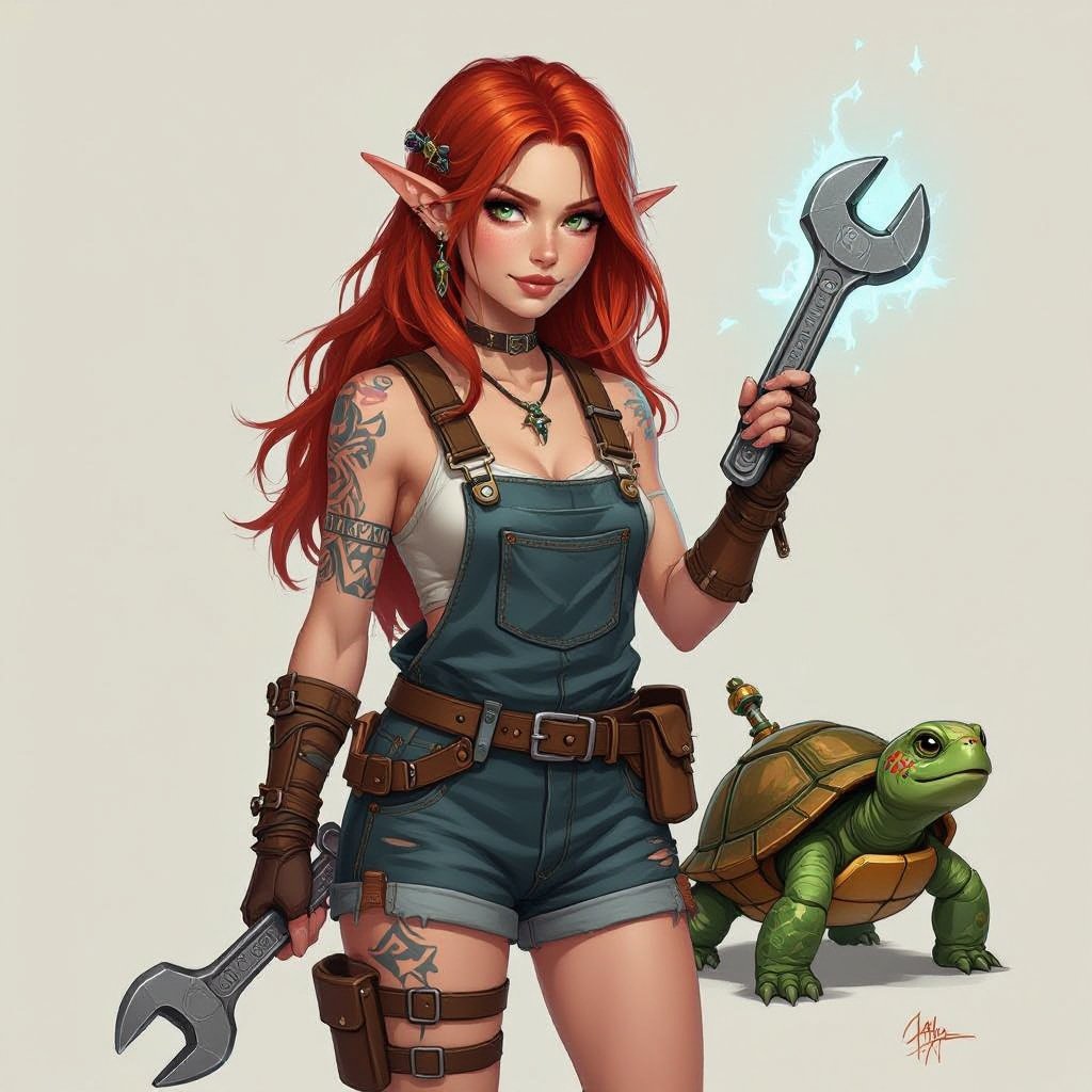 Red Head Half Elf Female Artificer in small leather short overalls no tattoos with Tiny Robot Turtle Construct