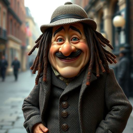 Create a funny fat character similar to Sherlock Holmes, but make him of black decent and with dread locks. Show his whole outfit including his shoes.