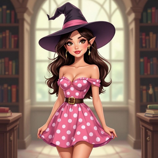 Dark Brown Hair Elf Witch Librarian in Witches Hat. Tight Strapless pink polka mini dress pencil skirt