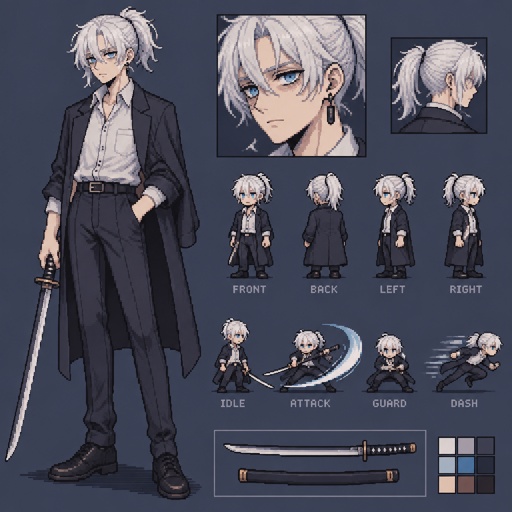 Anime style, male, highly skilled in fighting all fighting styles and weapons, bright blue eyes, white Japanese ponytail,pale skin, eye bags, teaches,earring,trained since birth,supposed to be an assassin,he chose to be a teacher, uses his skills ,no one knows who he is,agency trying to track him down because of the threat he could be 