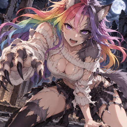 Woman, long rainbow hair, purple eyes, shredded sweater, shredded skirt, turning into werewolf