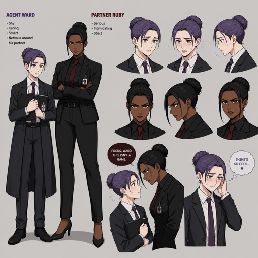 Anime style, Agent Ward hair violet nice bun, clean shaven, nice,cares about partner,shy, good at his job,likes his partner but to scared to admit it,is smart,his partner Ruby she's dark skin serious ,intimidating,plays by the rules makes sure she gets all the answers she needs and makes sure those she interrogators gives her all the answers ,as a comic