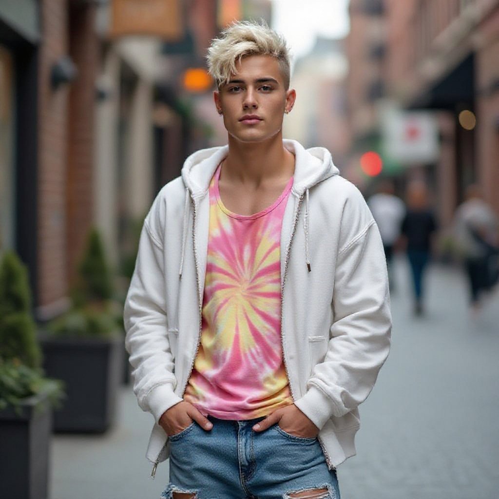 non-binary male 20 year old in ripped faded jeans a white unzipped hoodie and pink and yellow tye-dye tank top. He has bleached hair with an under cut