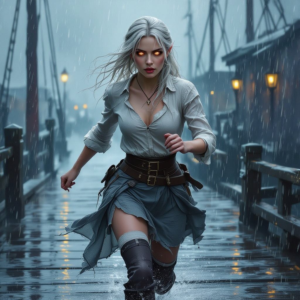 A painting of Maerriss Nex, Drow (Half-Elf) woman inspired by Emma Watson, running across the wet docks of Eendood in the pouring rain. Her skin is light ash-gray with faint violet undertones, and her eyes glow pale molten-gold with gray sclera. Her white-silver hair is loose, tangled, and soaked by wind and rain, whipping behind her. She wears a pale linen frilled blouse, visibly worn from her escape — the right shoulder seam torn, exposing only her collarbone, while the sleeves are dirt-stained, frayed, and ripped from catching on splintered docks. Her slate-gray reed-weave skirt follows the high-waisted, thigh-length pleated design from the reference: structured waistband, deep vertical pleats, and natural motion as she runs. The skirt is wet, heavy, and frayed at the edges with small tears at the hem. Her white thigh-high stockings are muddy and torn at one knee. She is missing her left boot, revealing a bare, wet, muddy foot, while her right boot remains laced, scuffed, and soaked. Rain glistens on the wooden planks beneath her as brass lanterns cast warm reflections across the puddles and fog. Her expression is fierce and determined, caught mid-stride, her blouse and skirt flaring with the motion, the storm wind and lantern glow giving the scene cinematic energy and realism. Run it