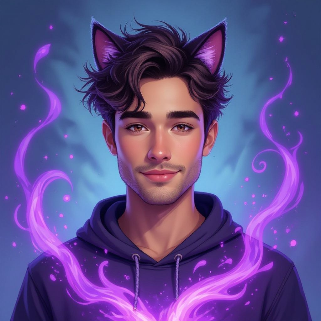 Man with cat ears purple magic