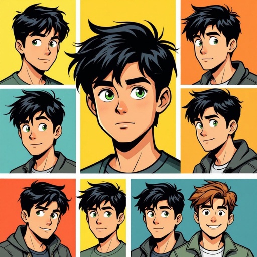 Male. 15 years old. Black hair. Green eyes. Round head