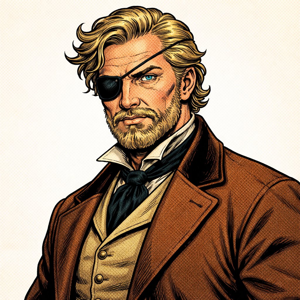 Realistic, refined, no drama, head and shoulders shot three-quarter view, middle-aged man blonde hair eyepatch over left eye mid 19th century appearance
