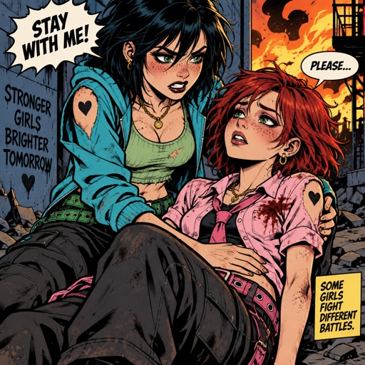 Female, teen, freckles, dark green eyes, cyan ray shadow, ear piercings, angry, choppy black neck length messy hair, bangs on one side of face, cyan jacket with shoulder holes, light green crop top, yellow heart tattoo with a blue moon inside on shoulder, baggy pants, belt with dark and light green triangles, gold necklace, Female, teen, freckles, dark green eyes, hot pink eye shadow, hoop earrings, choppy red neck length hair, bangs on one side of face, sleeveless button up pink shirt, pink tie with gold clip, blue heart tattoo with a yellow sun inside on shoulder, baggy pants with gold chain, two belts with dark and light pink triangles, injured, black haired girl holding red haired girl worried