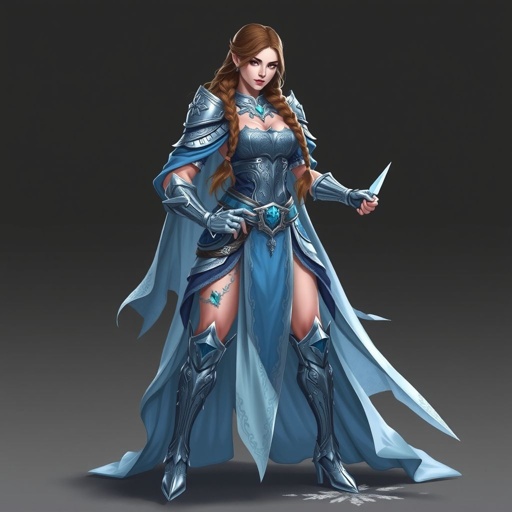 Create a battle woman hero called Alvara the Frostheart. Show full body head to toe including shoes