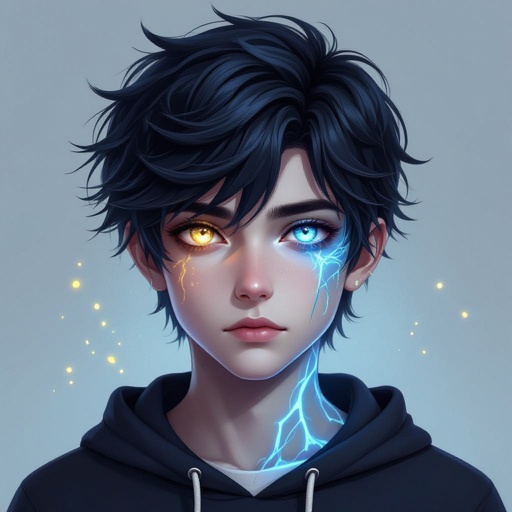Dark mysterious character teenager boy,with a golden eye and bluish greenish eye with glowing gold veins and deep sea blue vein powers
