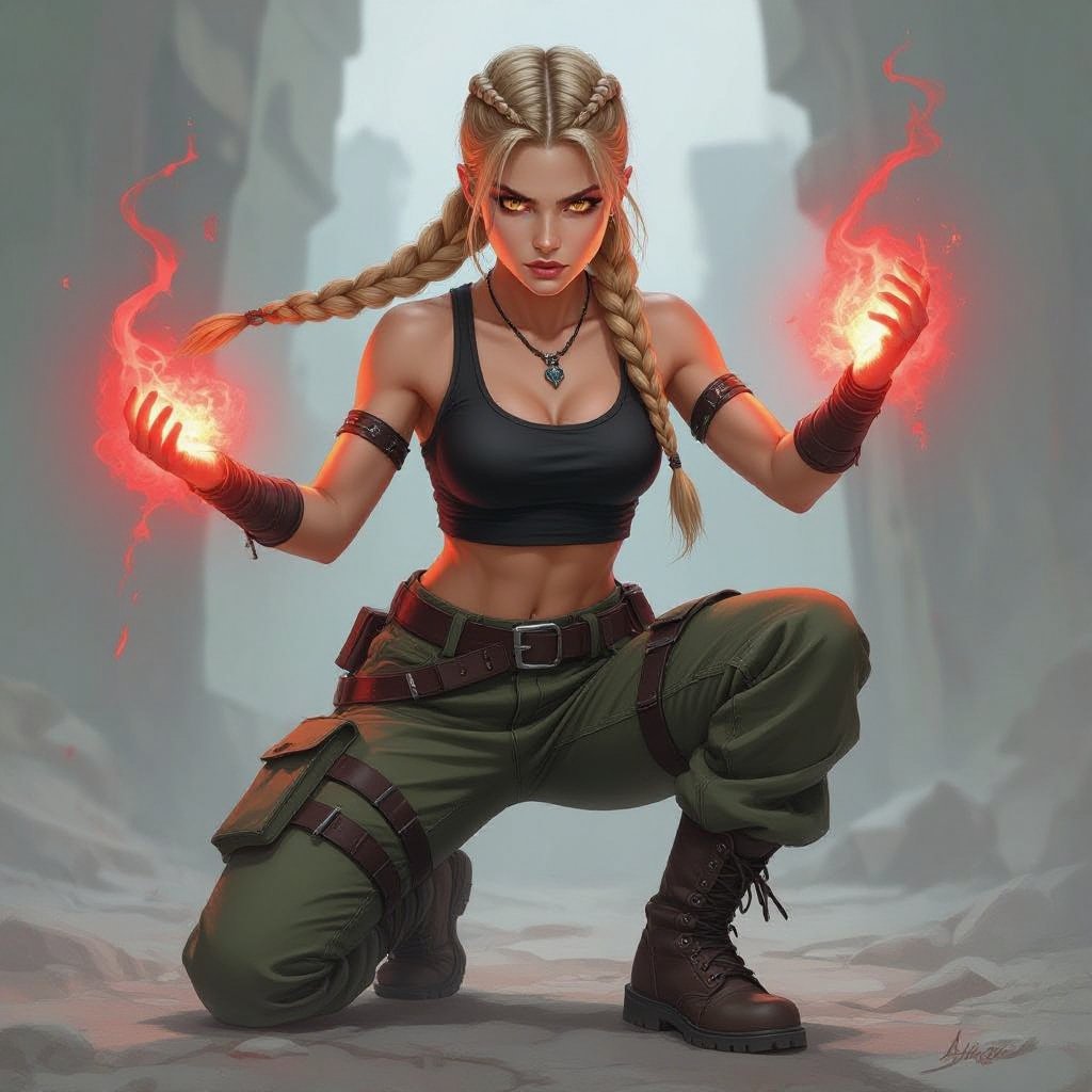 A 20 year old female with medium length blond hair half up half down Viking braids, amber coloured eyes, wearing a black crop tank top and army cargo pants, wearing bluntstone shoes, in a fighting pose, both hands are glowing red with power.