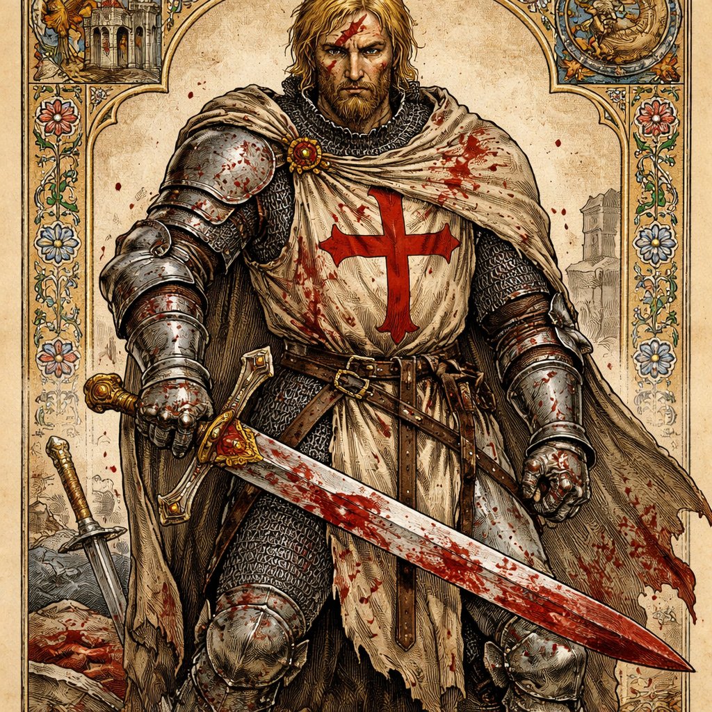 A male battle damaged crusade knight with heavy armor with a beard and a legendary sword blonde hair blue eyes and a large scar across his face tall and muscular with blood