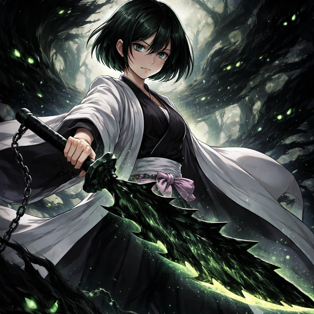 Girl with short black hair with green tint wearing a bleach captain uniform with a zanpakuto dark leaf with a bankai of lurk in the shadows