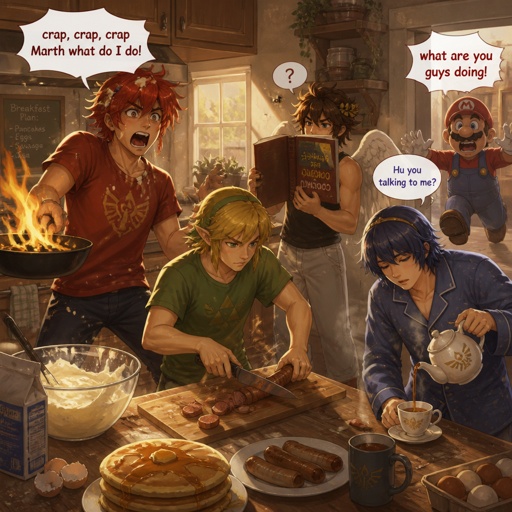Super smash brothers link from legend of Zelda, pit from kid Icarus, Marth from fire emblem,Roy from fire emblem, there trying to make breakfast Roy in casual clothes accidentally got pancake batter on himself holding frying pan that caught on fire saying “crap,crap,crap marth what do I do!" link cutting sausages on cutting board really fast in casual clothes ,pit trying to read the cookbook but it's upside down and he can’t read in casual clothes, Marth wearing his pajamas making himself some tea with a tired face expression Marth sleepily replies to Roy saying “Hu you talking to me?” Mario runs in the kitchen with a freaked out face expression then says “what are you guys doing!”