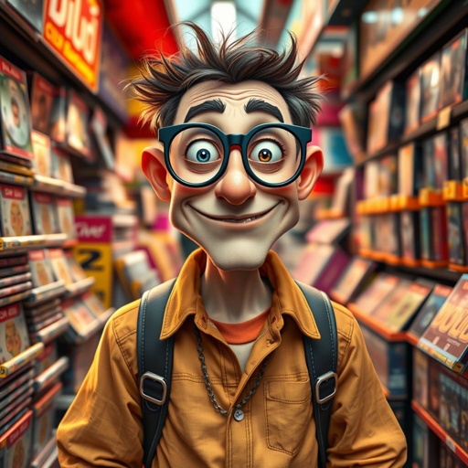 create a guy name bootleg who sellers dvd’s for movies that are fake dvds. Make him funny looking. And make sure the image shows him head to toe like his whole outfit